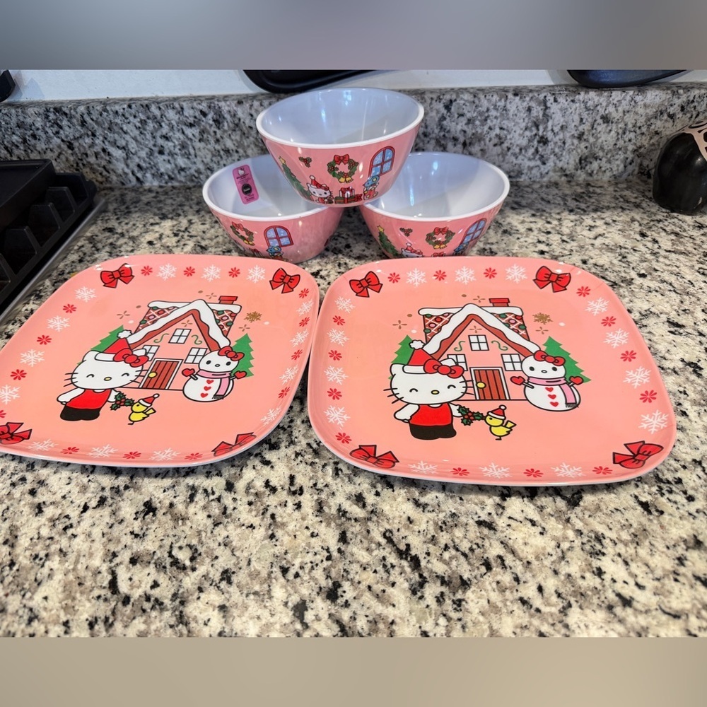Hello Kitty Melamine Set 3 Bowls 2 Dinner Plates Kawaii Christmas Holidays Kawai